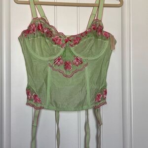 Cacique Y2K Mint Green Corset with Pink Embroidery Size 14/16
